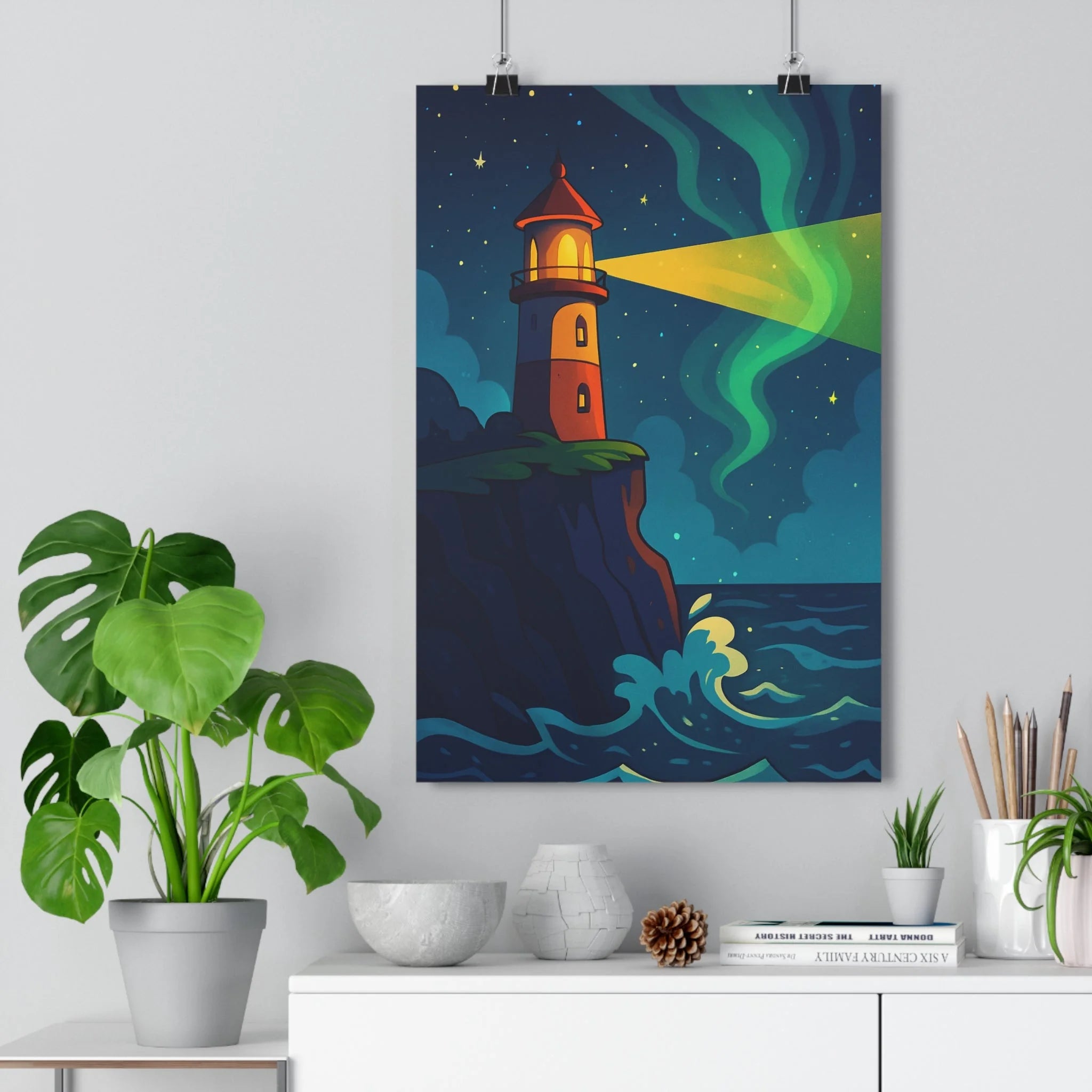 Poster décoratif cartoon magique bleu jaune nostalgique chambre salon bureau ambiance rêveuse falaise mer