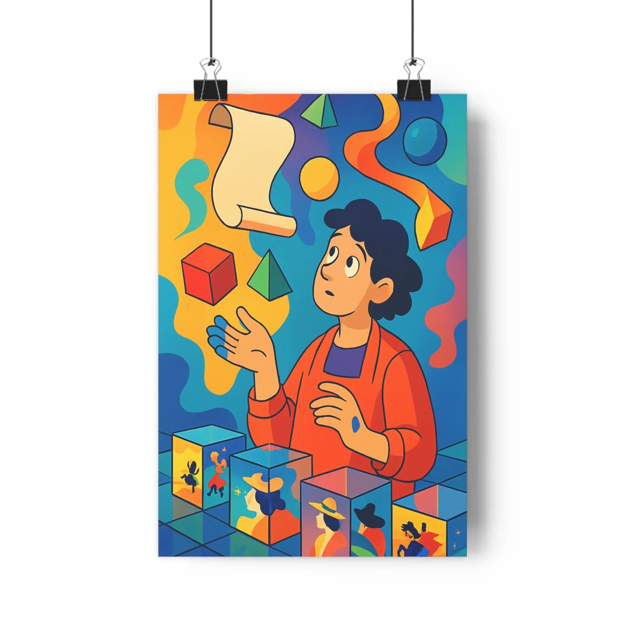 Poster décoratif moderne couleurs vives bleu orange jaune surréalisme géométrique salon chambre bureau tendance