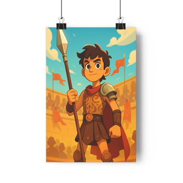 Poster guerrier lance cuirasse casque coiffe ciel nuages drapeaux champ bataille place ancienne bleu marron rouge cartoon contours nets ombres