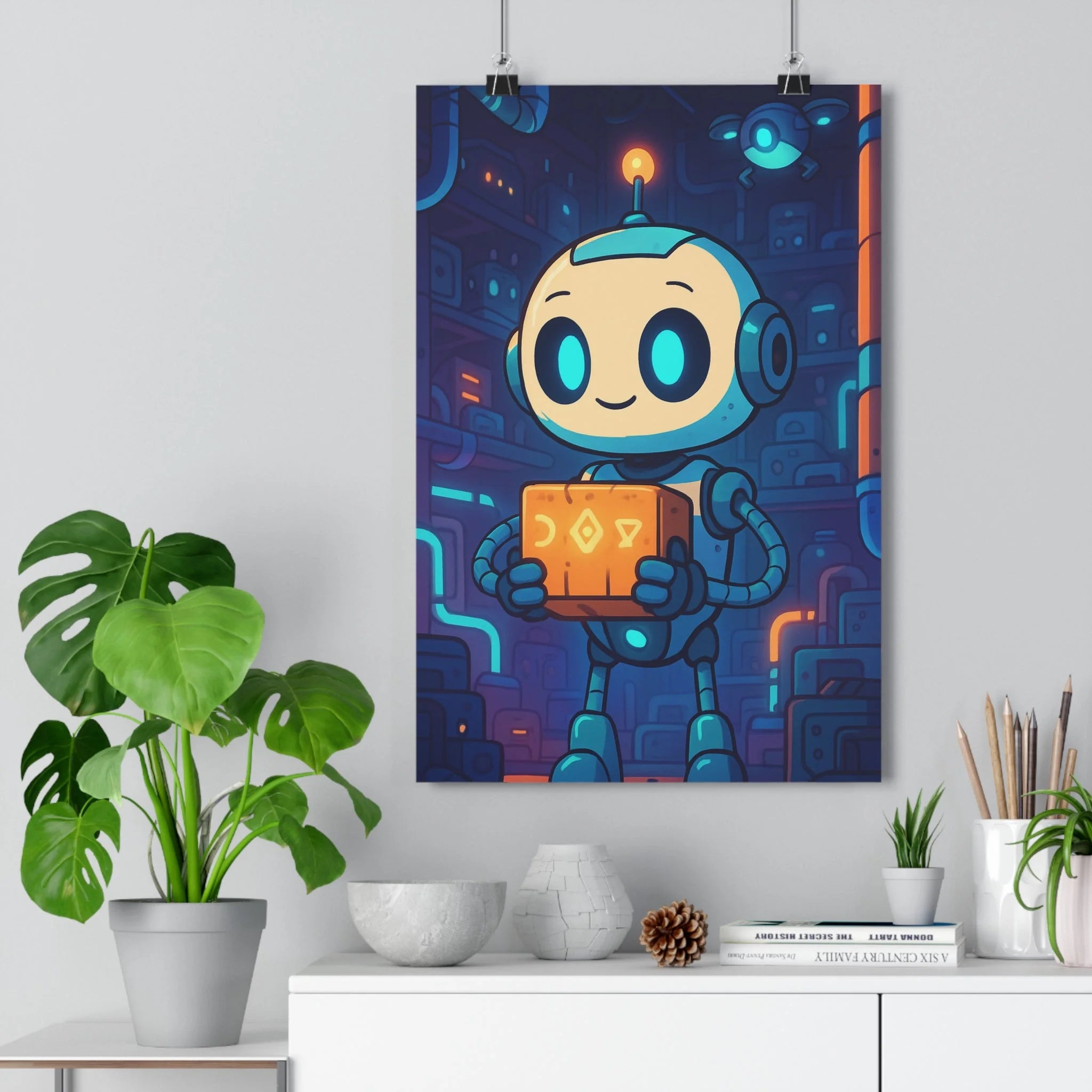 Poster décoratif cartoon robot bleu orange technologie enfant chambre bureau futuriste sourire style 30x46