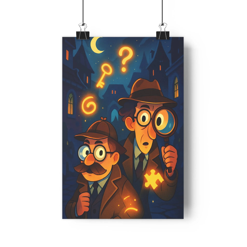 Poster enquêteurs mystère symbols lumière moustache chapeau lunettes casquette loupe buildings nuit lune cartoon intrigue intéressant chambre salon bureau