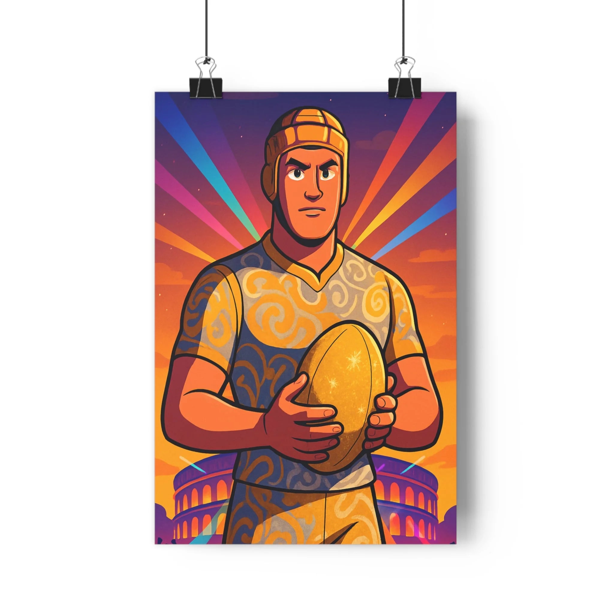 Poster décoratif épique rugby athlète doré uniforme tourbillonnant stade lumineux fantastique chambre sport 30x46