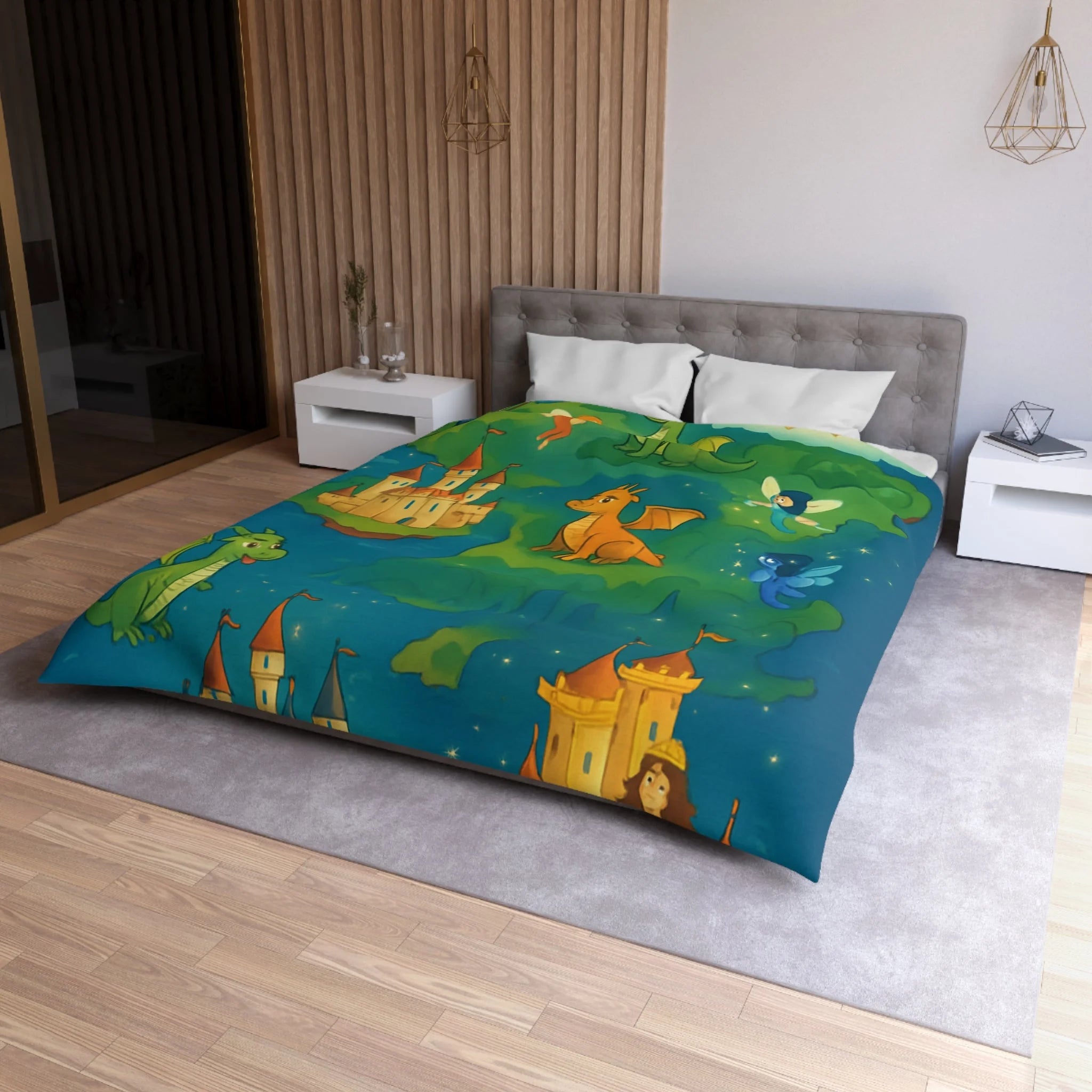 Housse de couette thématique féerique avec dragons, châteaux et un sorcier rêveur