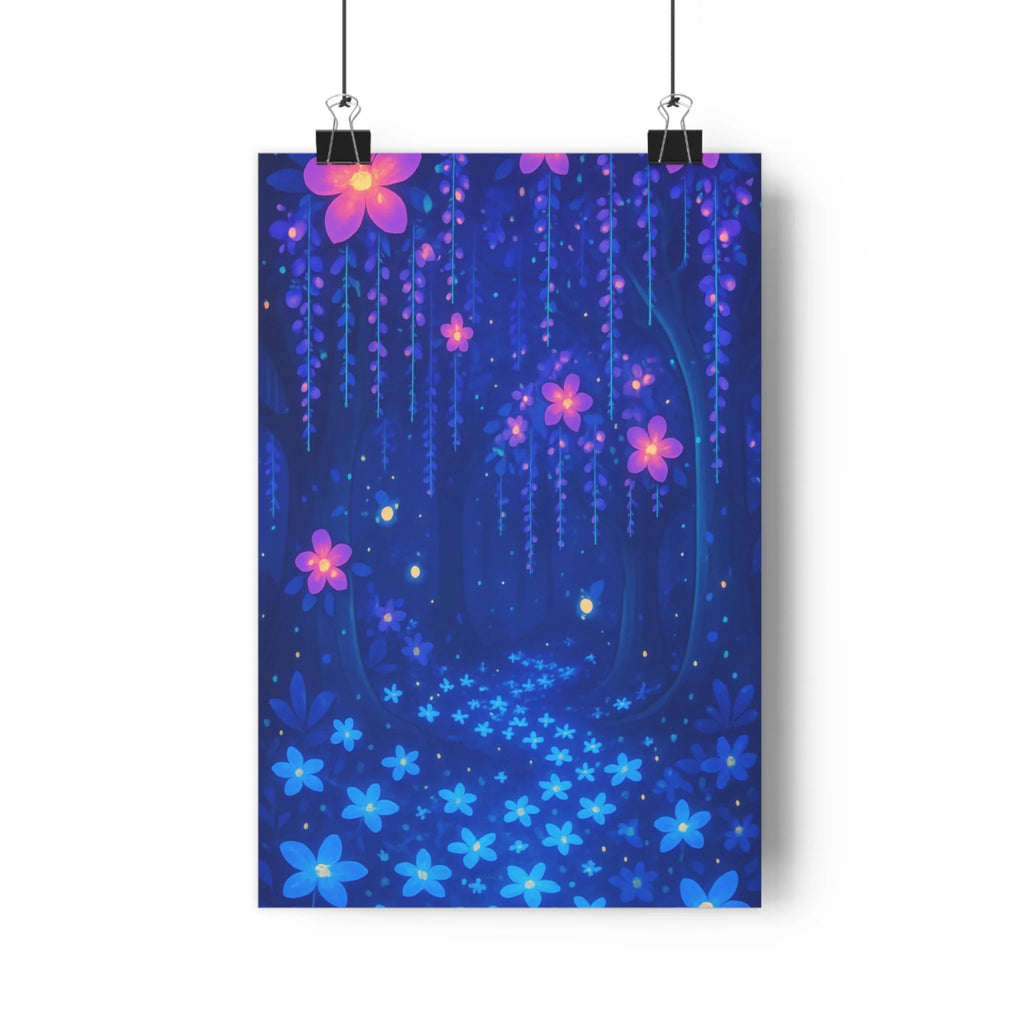 Poster mystique forêt spirale arbres majestueux fleurs lumineuses bleues roses lumières jaunes ambiance féerique exploration silencieuse chambre salon