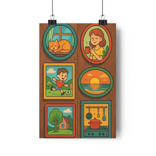 Poster maison arbre enfant football femme thé chat mer coucher soleil cuisine ustensiles ambiances calmes domestiques joyeuses activités quotidiennes verte