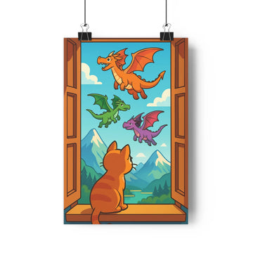 Poster chat dragons couleur bleue verte marron fenetre montagne foret lac ambiance fantastique simple cartoon enfants chambre salon