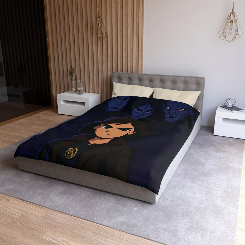 Housse de couette mystérieuse avec personnage sombre et biblio-thème style graphique