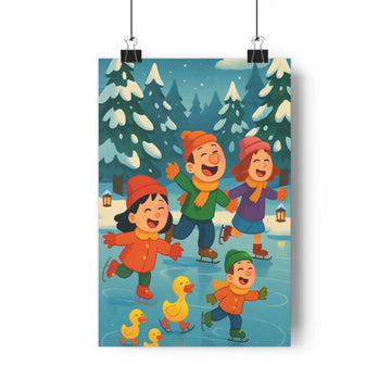 Poster enfant patinant canards hiver manteau bonnet chaussettes sapins neige ciel bleu vert vêtements colorés cartoon joyeux festive chambre salon