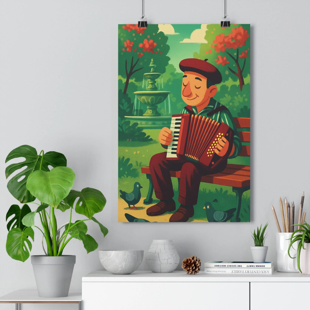 Poster décoratif animation douce couleurs printanières joyeuse salon détente parc accordéon verdure fleurs rouges