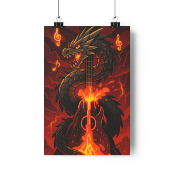 Poster dragon noir guitare notes musicales lave fontaine plantes étagère rouge ambiance musicale fantastique contemporain chambre salon