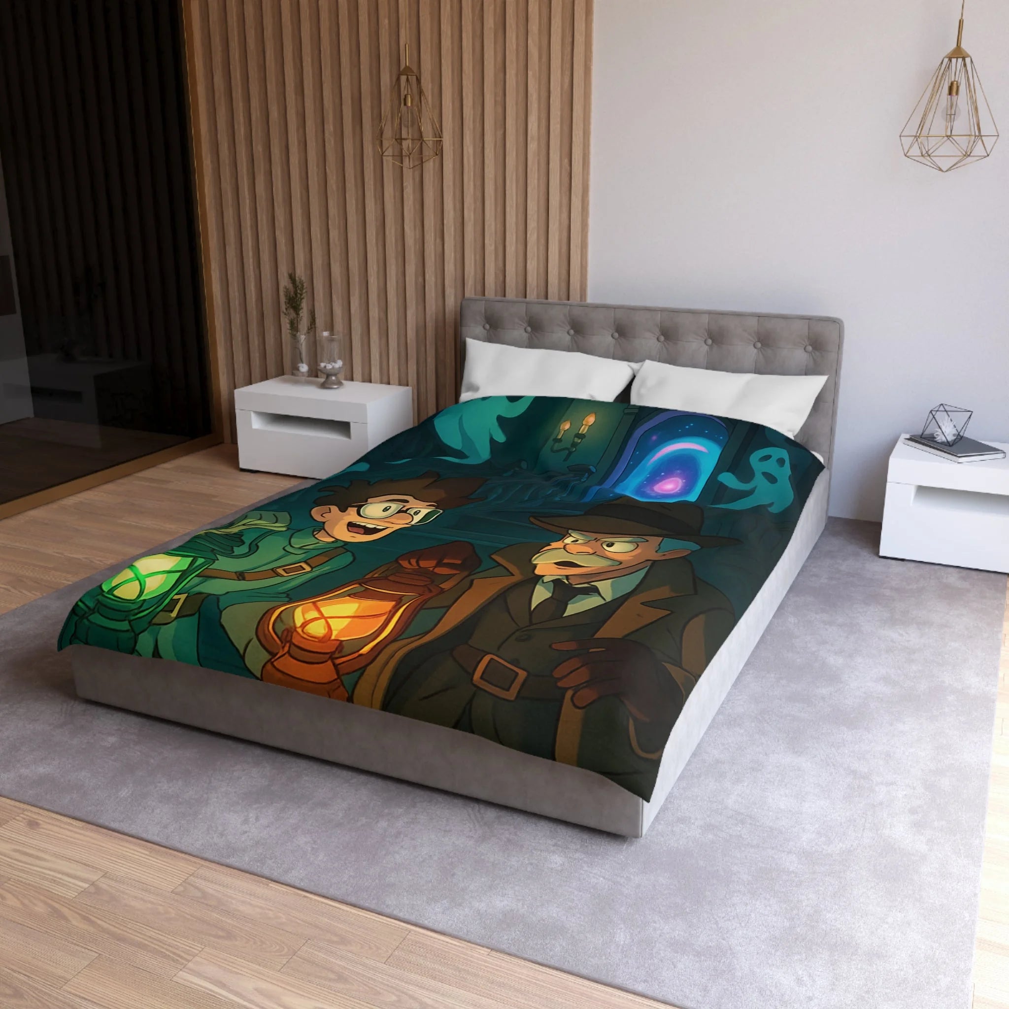 Housse de couette mystère avec lanternes, enquêteurs, fantômes et portail mystérieux