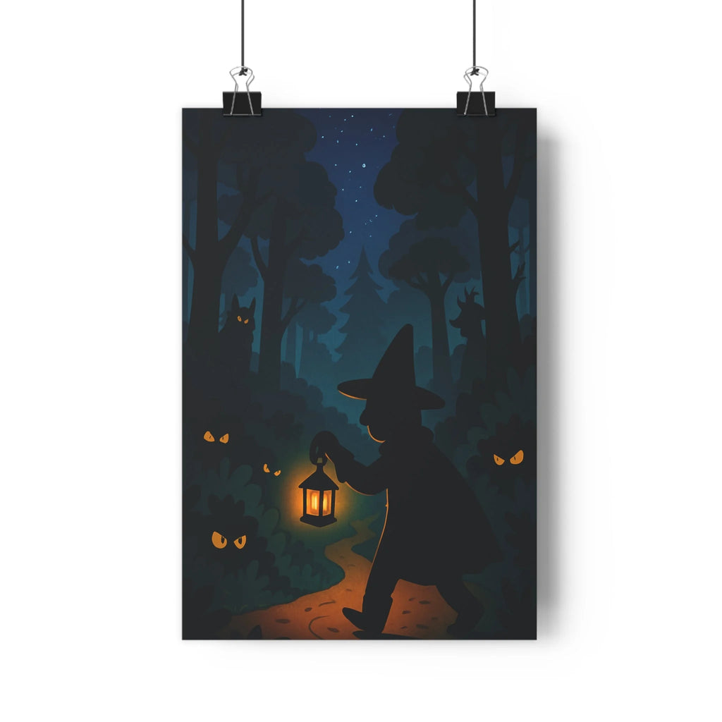 Poster décoratif mystique forêt silhouette lanterne anime sombre vert ambiance mystérieuse chambre salon qualité