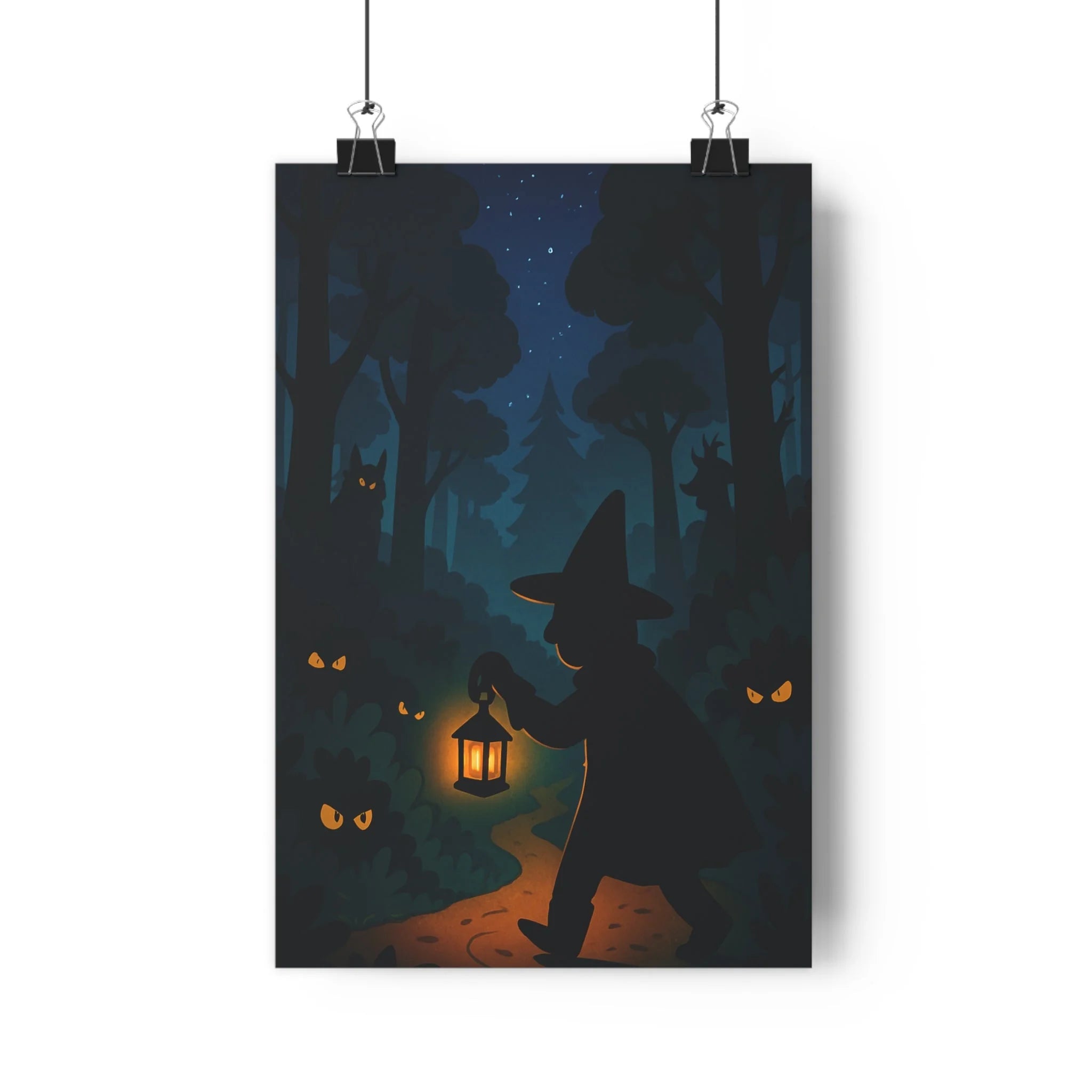 Poster décoratif mystique forêt silhouette lanterne anime sombre vert ambiance mystérieuse chambre salon qualité