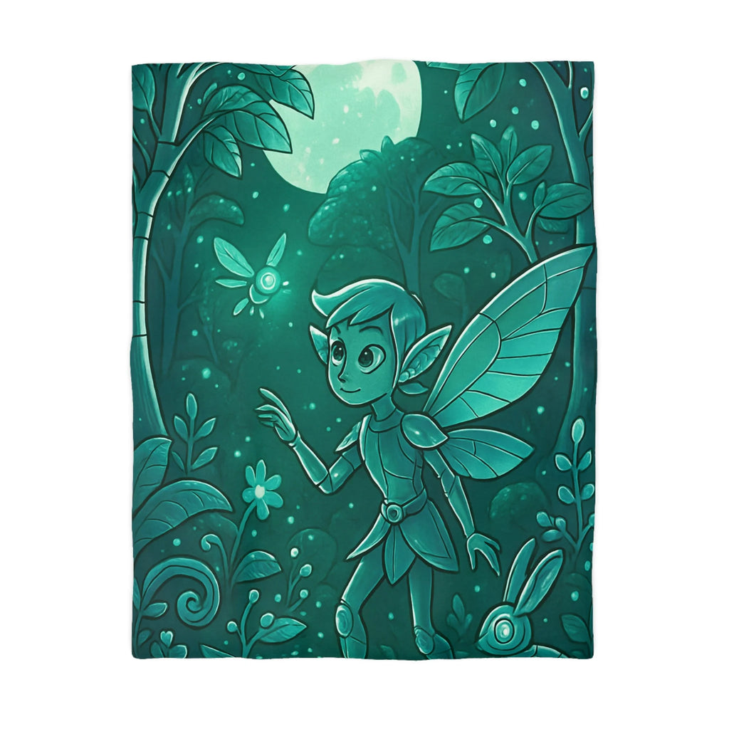 Housse de couette verte magique avec fée, papillon et forêt enchantée, ambiance nocturne