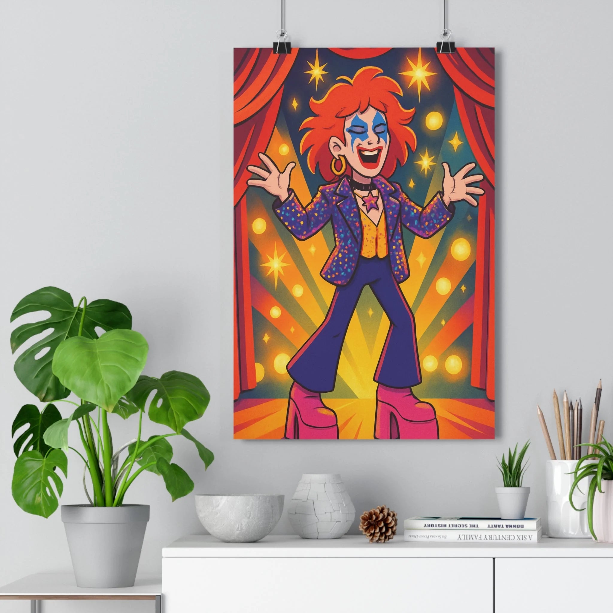 Poster décoratif glamour années 70 orange bleu vintage salon chambre énergique paillettes lumineux tendance