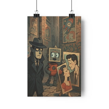 Poster urbain robot curieux personnage mystérieux femme fleur graffiti vintage ambiance artistique manteau chapeau couleurs chaudes style réaliste salon bureau