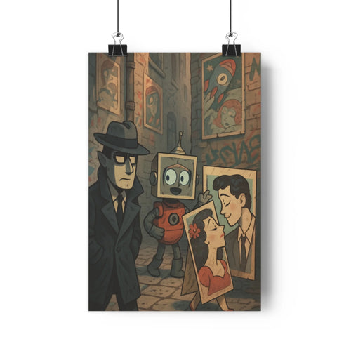 Poster urbain robot curieux personnage mystérieux femme fleur graffiti vintage ambiance artistique manteau chapeau couleurs chaudes style réaliste salon bureau