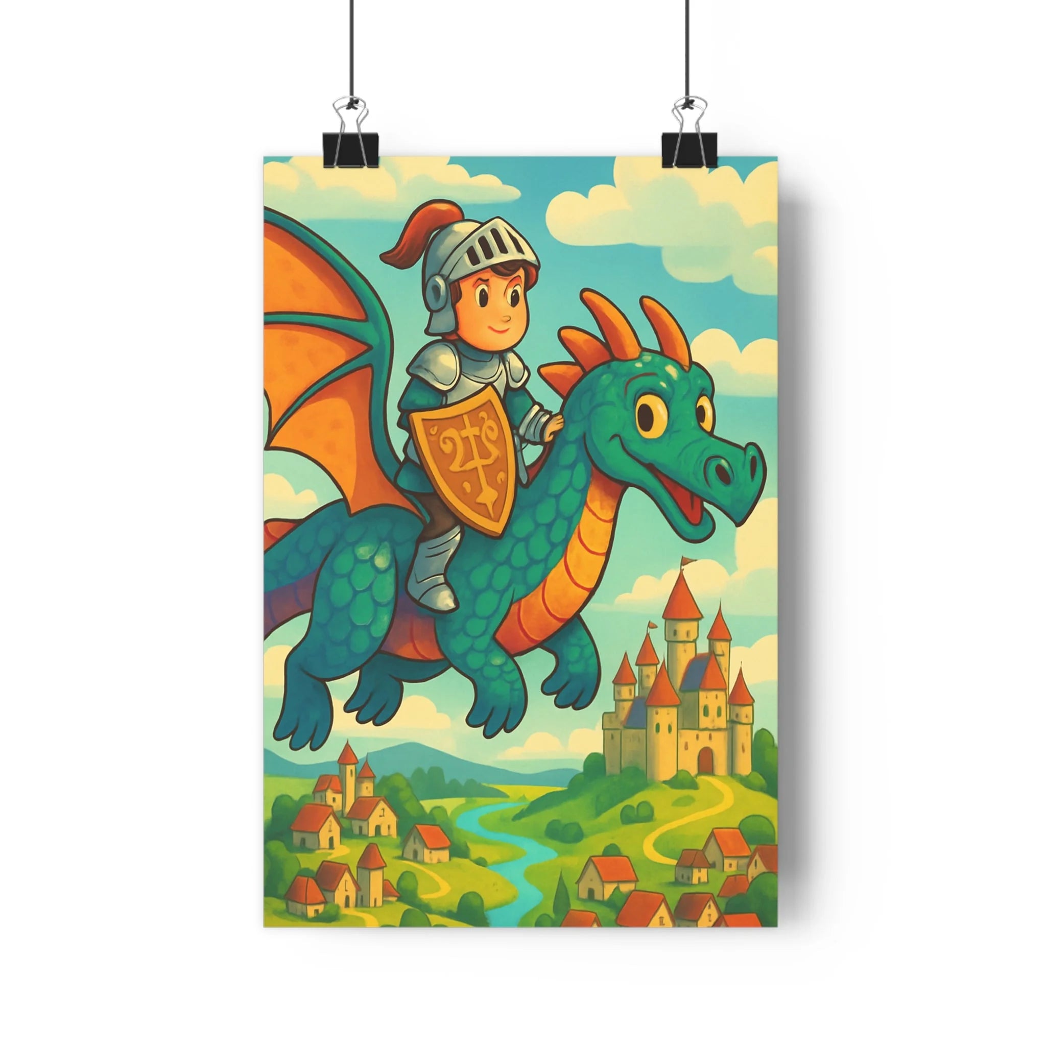 Poster décoratif chevalier dragon vert orange château fantastique magique enfant chambre cartoon joyeux aventure