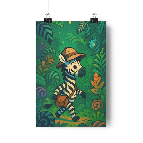 Poster junglesque zèbre chapeau sacoche oiseaux volants étoiles scintillantes forêt luxuriante ambiance enchantée couleurs vives style cartoon détails fins aventure
