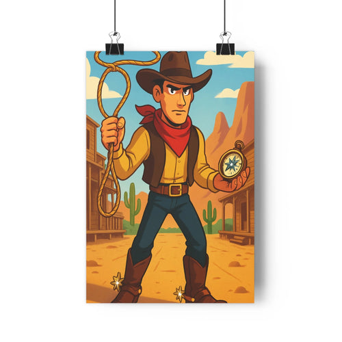 Poster cowboy aventure western cactus montagnes rouge bleu ciel nuages boussole corde chemise jaune gilet marron jeans bottes cartoon rusticité