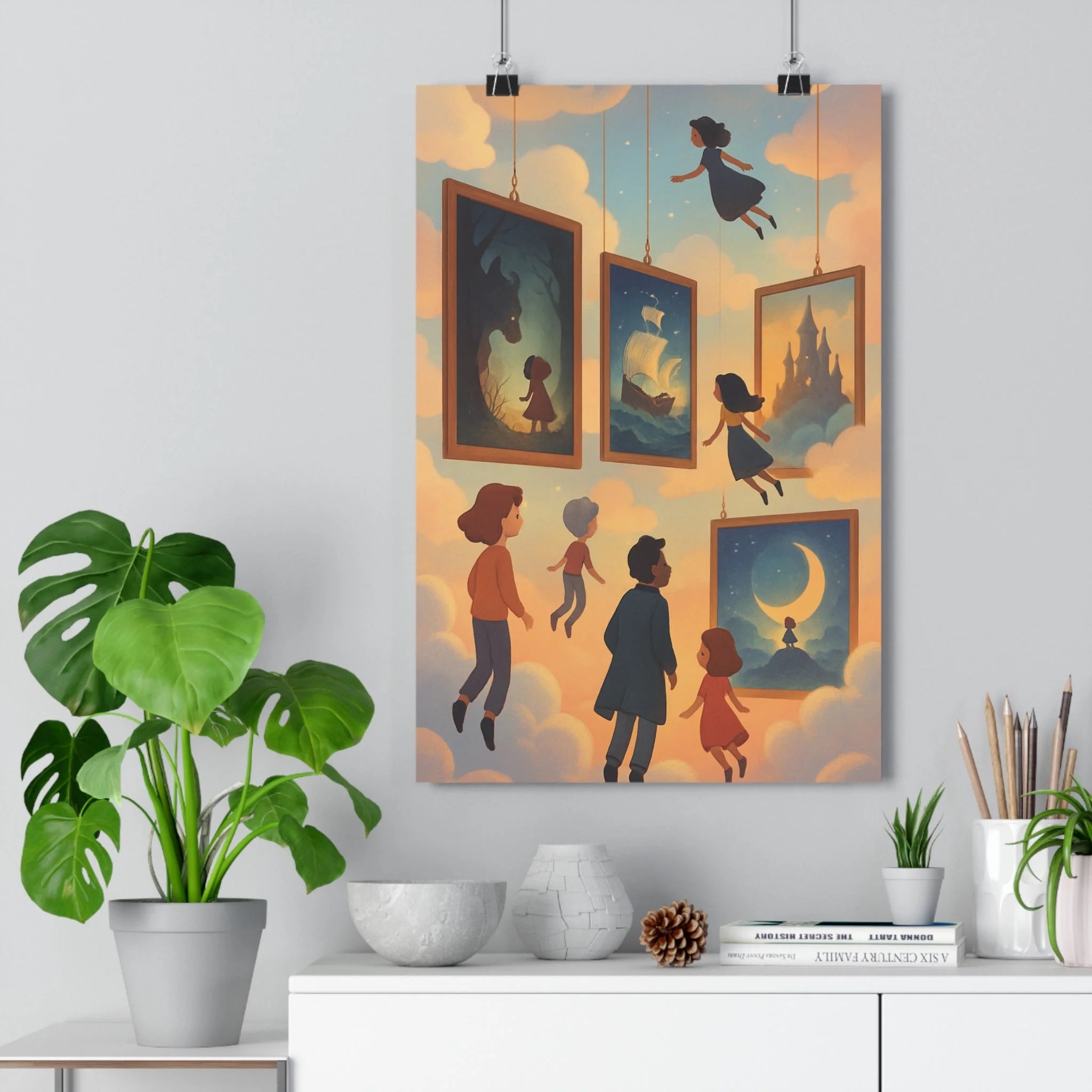 Poster décoratif rêveur ambiance magique nuages personnages fantastiques pastel aube chambre salon tableau qualité