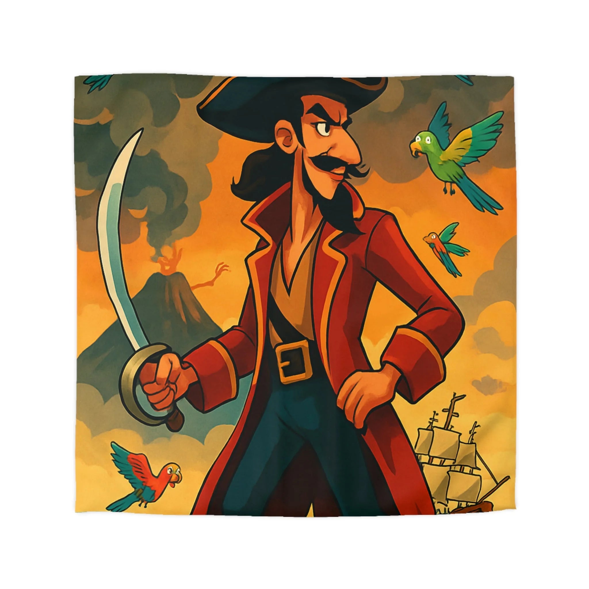 Housse de couette pirate vibrante avec perroquets colorés, volcan actif et bateau en mer