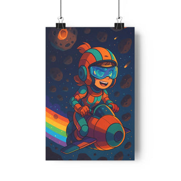 Poster spatial cartoon pilote fusée étoiles planètes étagère plantes livres bleu orange dynamique fantastique chambre enfants