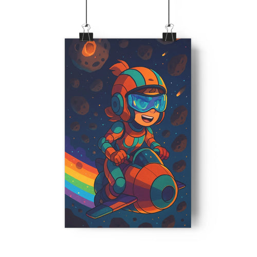 Poster spatial cartoon pilote fusée étoiles planètes étagère plantes livres bleu orange dynamique fantastique chambre enfants
