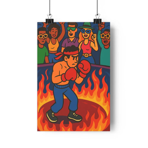 Poster boxeur combat spectateurs enthousiastes flammes rouges oranges tension intense ambiance sportive vibrant contours nets couleurs vives déco chambre salon