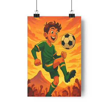 Poster footballeur action nuages orangés rouge foule spectateurs plante verte étagère console blanche ambiance festive sportive energétique