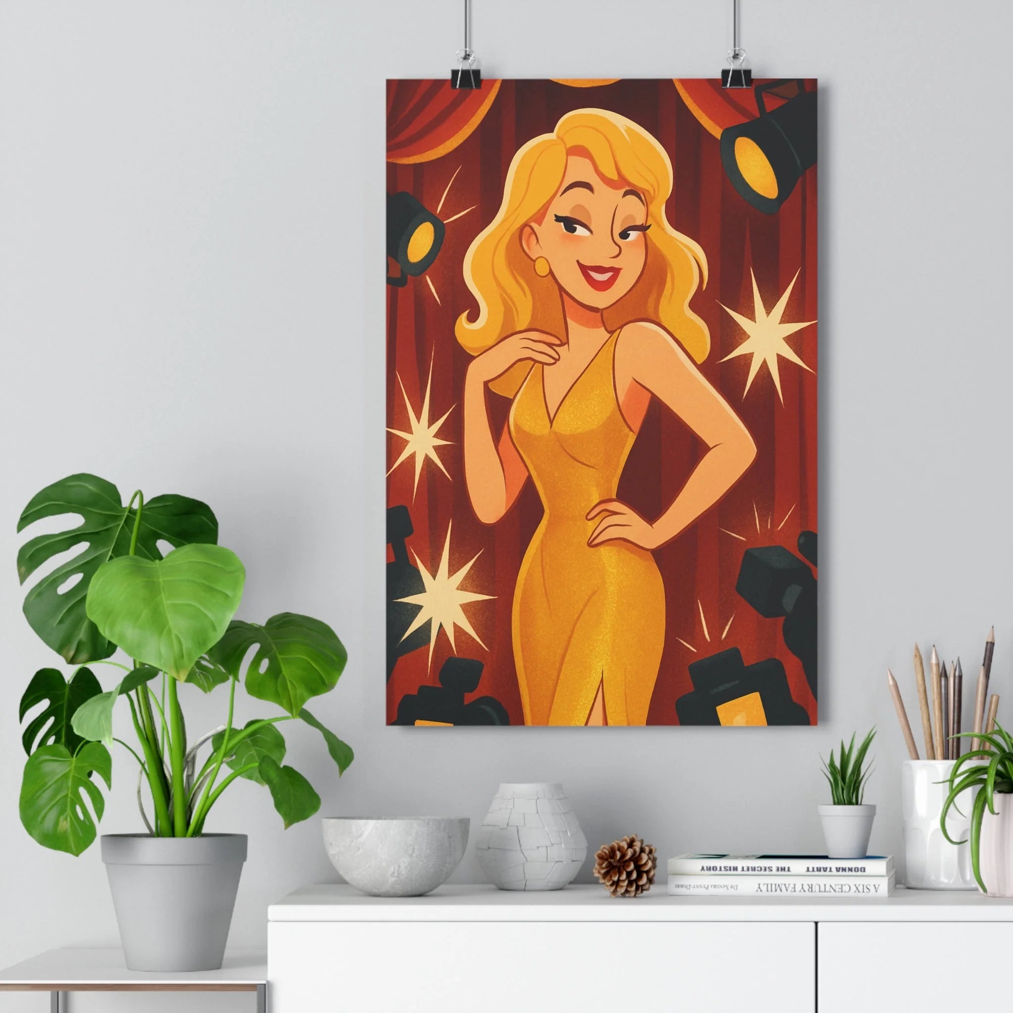 Poster décoratif vintage doré rouge glamour femme élégant salon chambre rétro 30x46 dessin animé