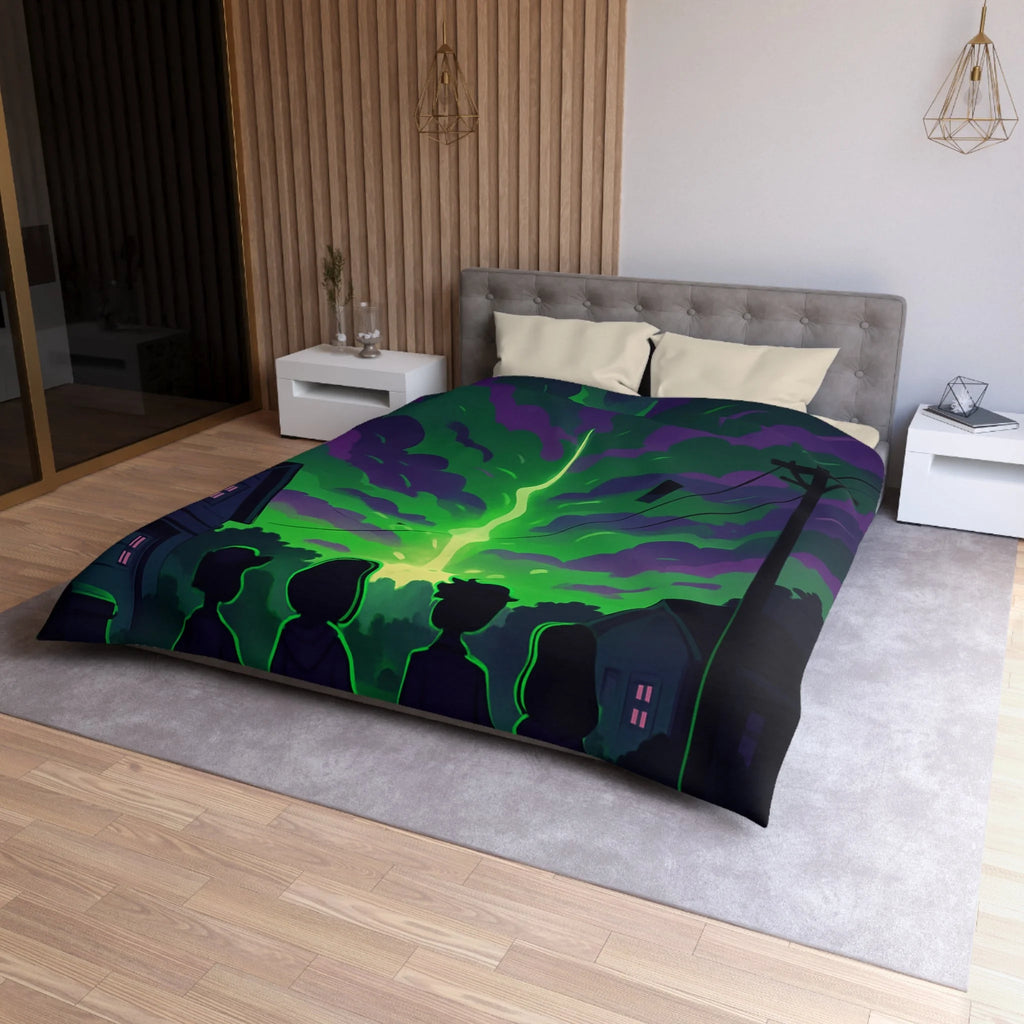 Housse de couette pour chambre avec ciel nocturne mystérieux et silhouettes d'enfants