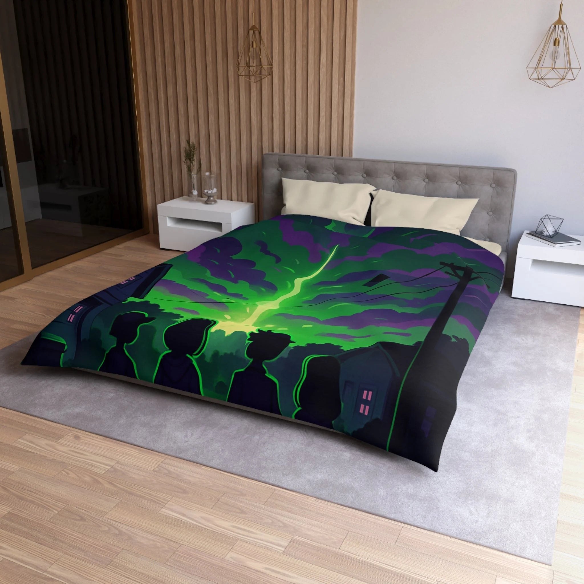 Housse de couette pour chambre avec ciel nocturne mystérieux et silhouettes d'enfants