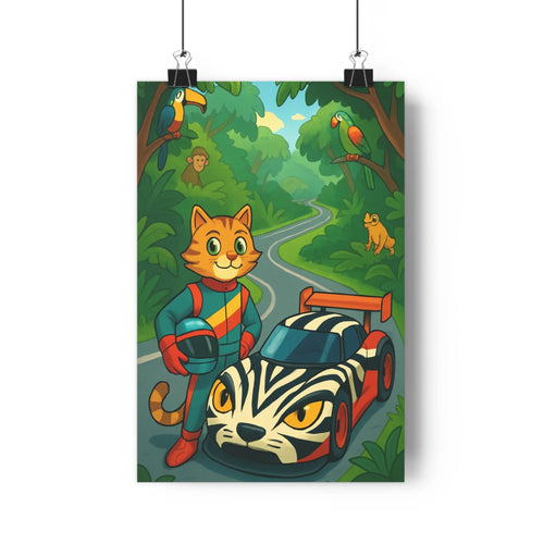 Poster chat course forêt voiture sportif motifs tigre combinaison casque arbres oiseaux colorés ambiance dynamique cartoon vibrant
