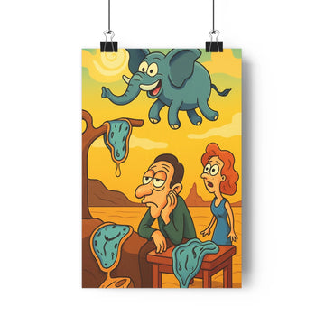 Poster elefant bleu volant surprise homme femme désert montagnes arbre sec couleur bleue verte jaune brune style cartoon humour décors