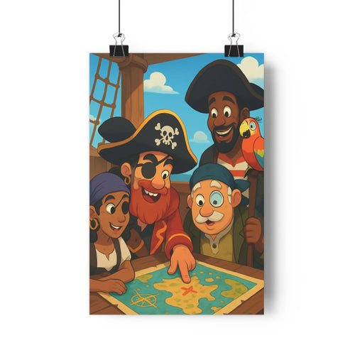 Poster pirate aventuriers carte trésor marine ciel nuages bleu vert jaune expressions faciles joyeux style cartoon chambre salon