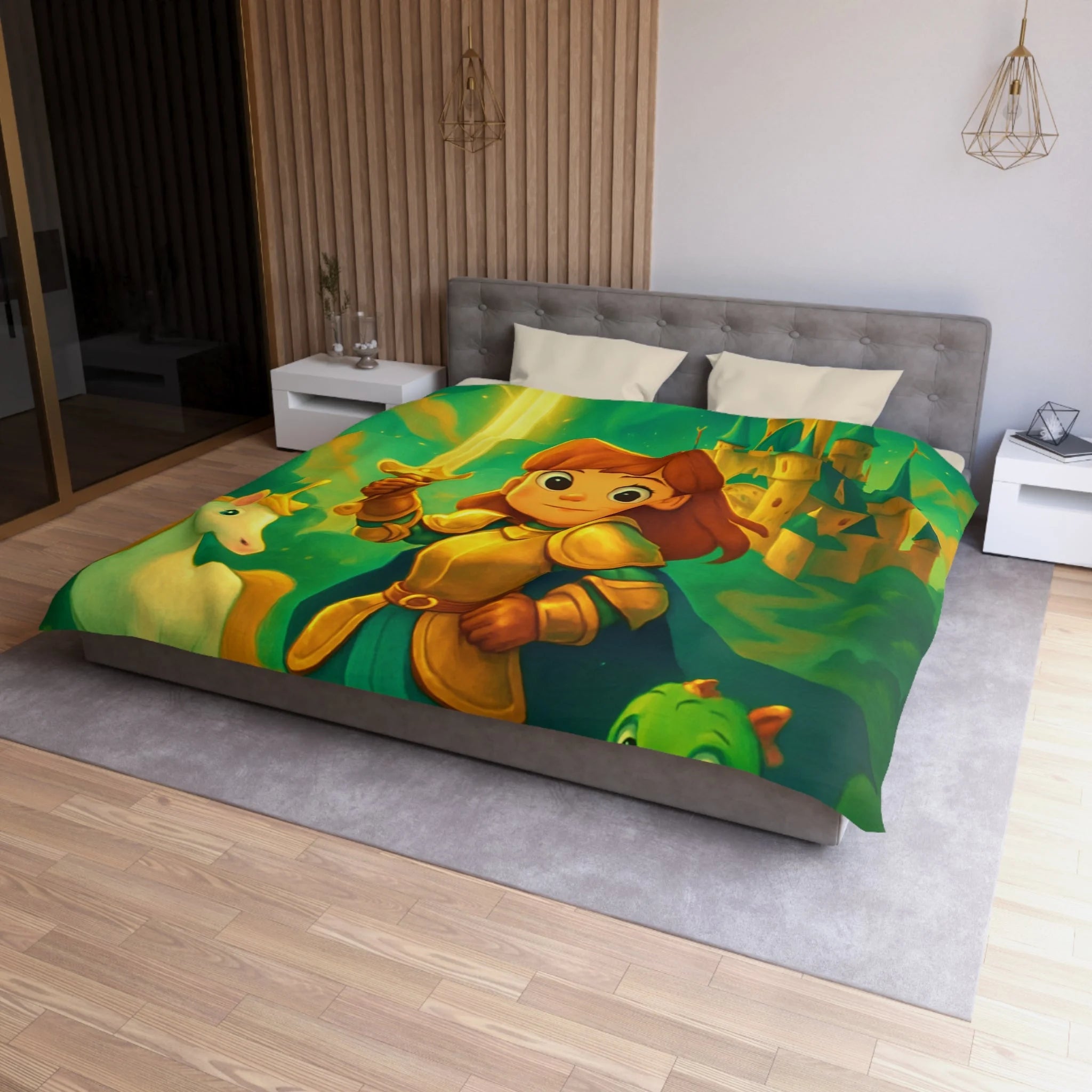 Housse de couette pour enfants avec chevalier, château et animaux fantastiques