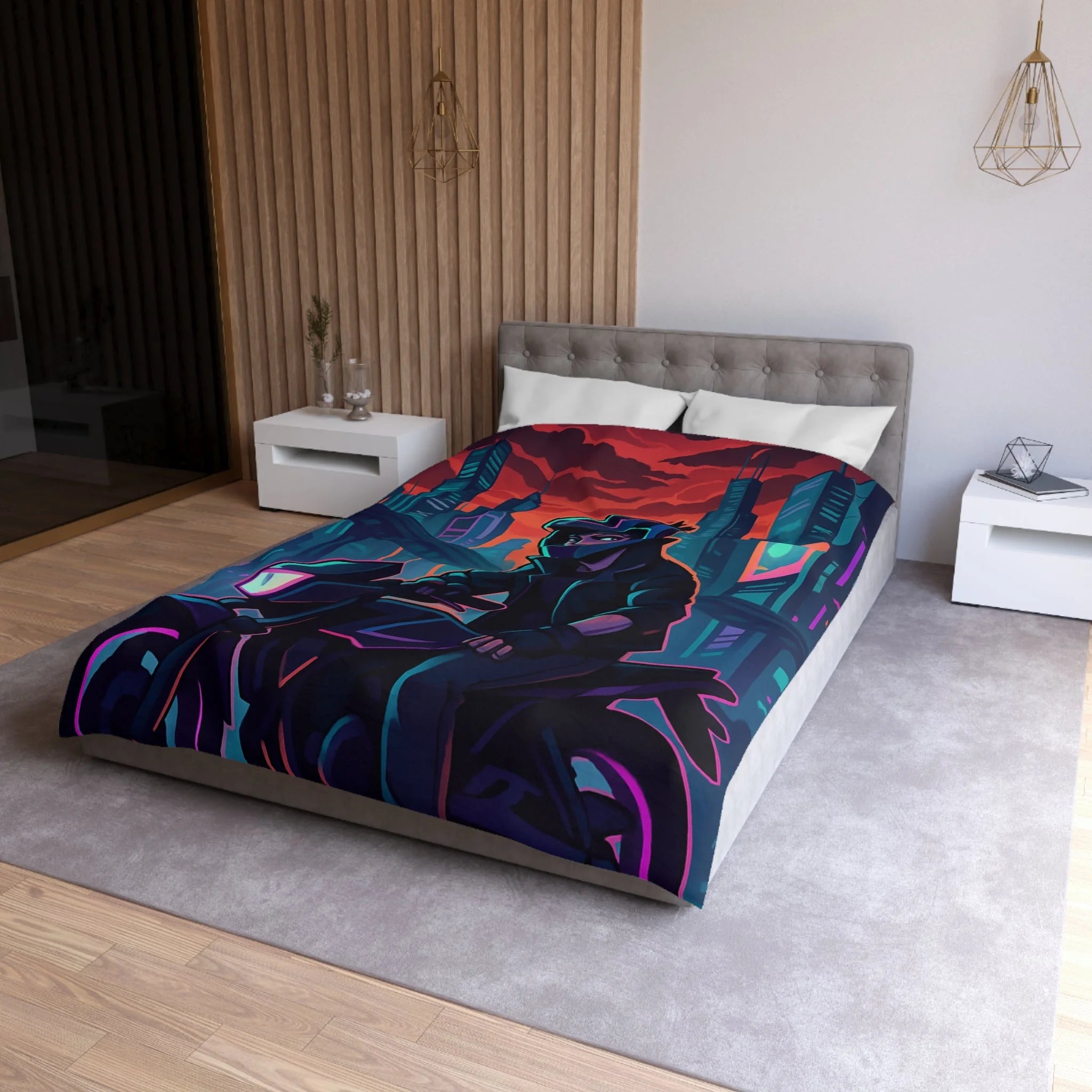 Housse de couette urbaine avec motard futuriste dans une ville de néons colorés