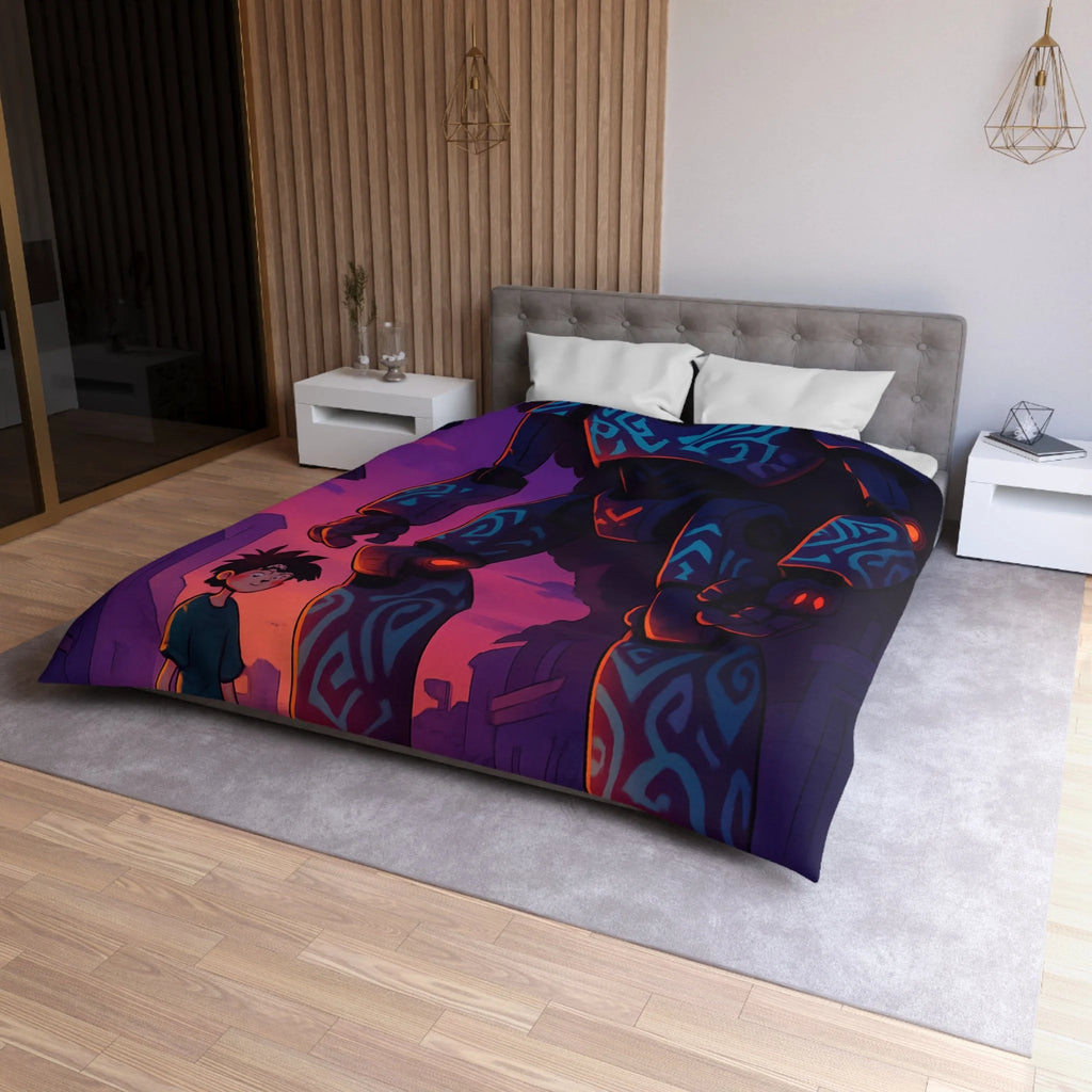 Housse de couette robot géant bleu lumineux, décor urbain vibrant et enfant émerveillé