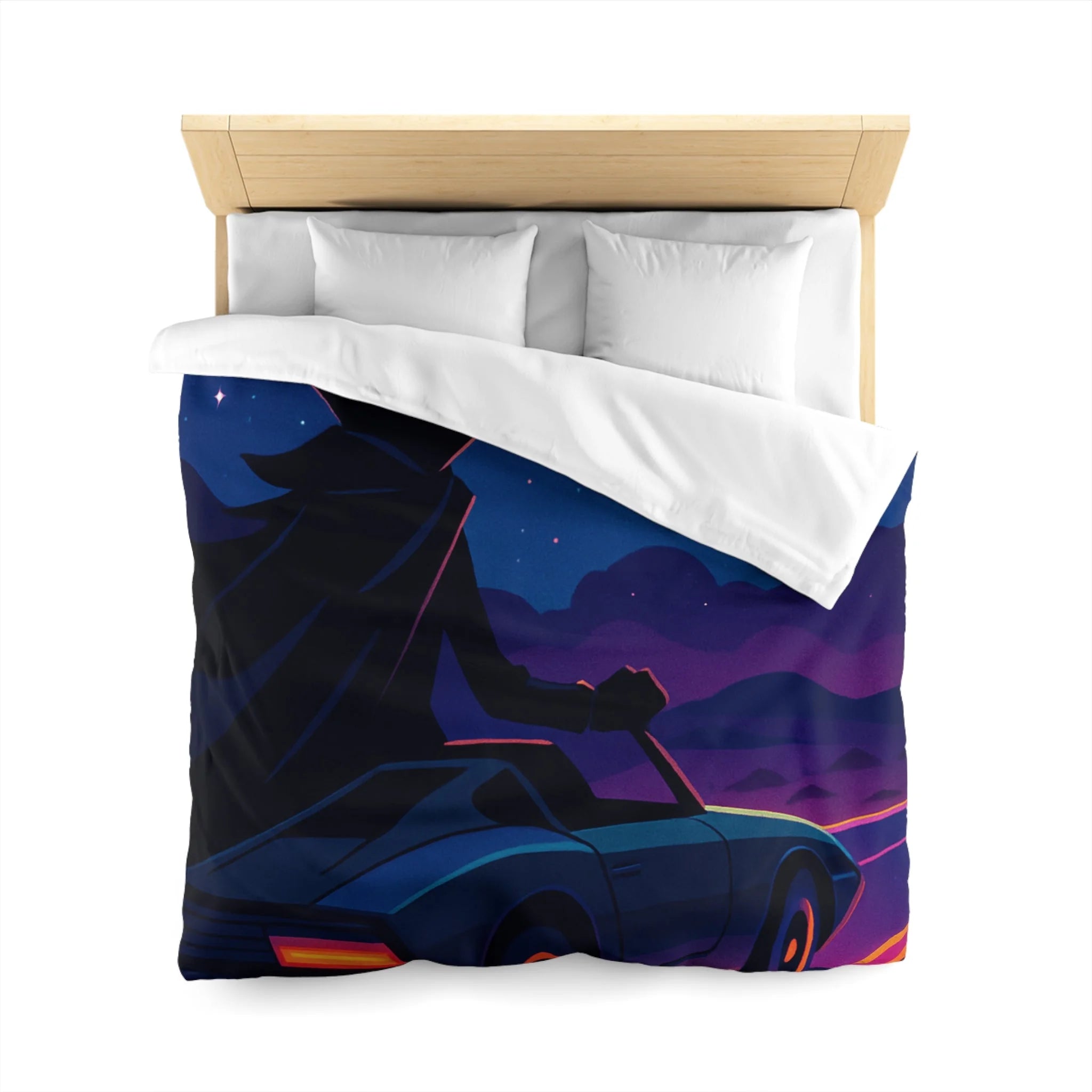 Housse de couette rétro avec constellations et voiture sous ciel étoilé et planète