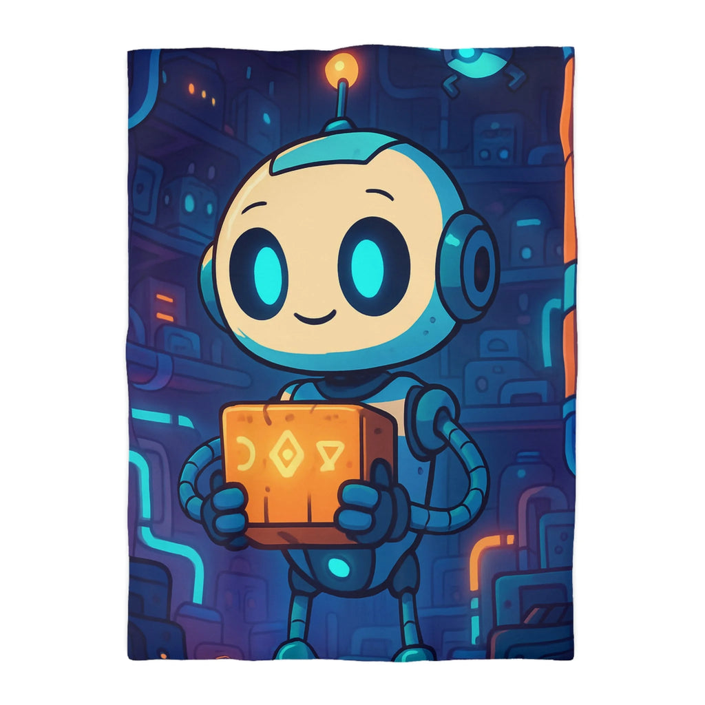 Housse de couette robot ludique bleu avec boîte mystérieuse ambiance futuriste enfantine