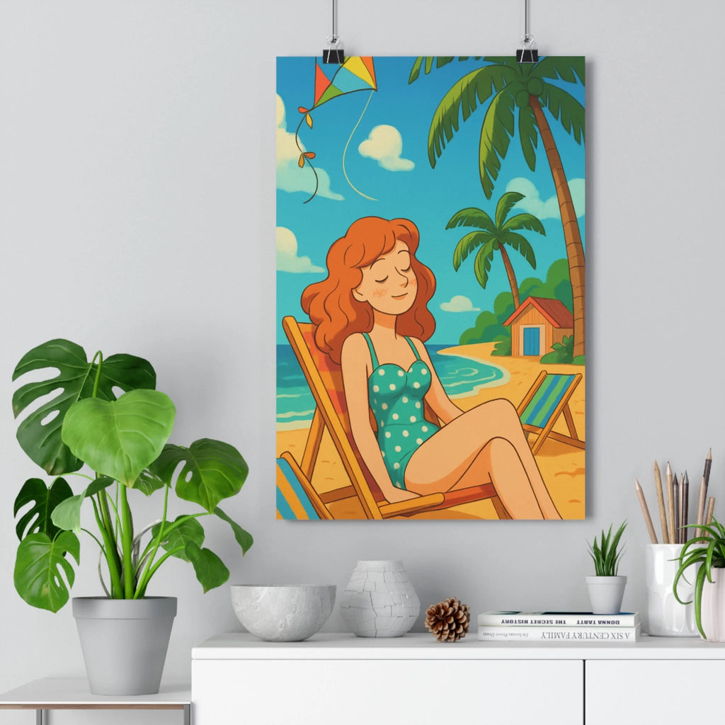 Poster décoratif vintage plage ensoleillée femme détendue rétro joyeux salon chambre couleurs vives qualité