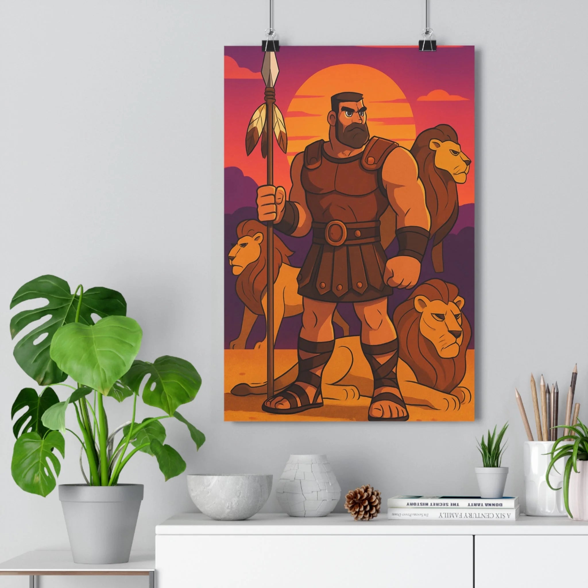 Poster décoratif anime épique coucher soleil guerrier lions salon chambre bureau vibrant style qualité