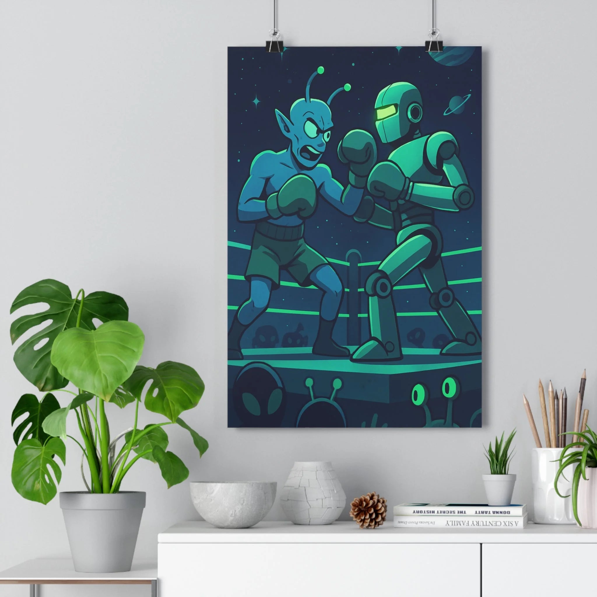 Poster décoratif futuriste cartoon bleu vert boxe extraterrestre robot sciencefiction espace chambre aventure qualité