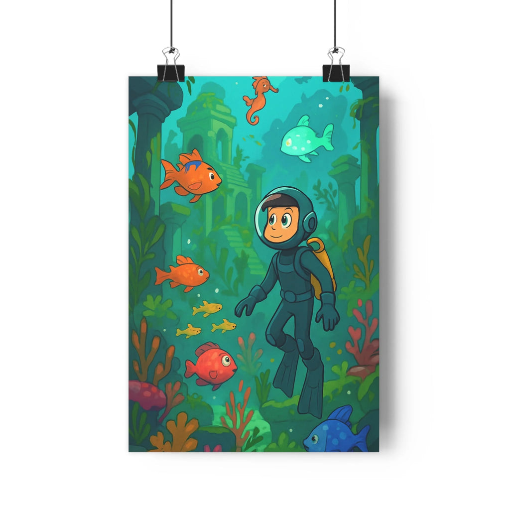 Poster décoratif rétrofuturiste cartoon bleu vert orange aventure joyeux salon chambre bureau 30x46 plongeur
