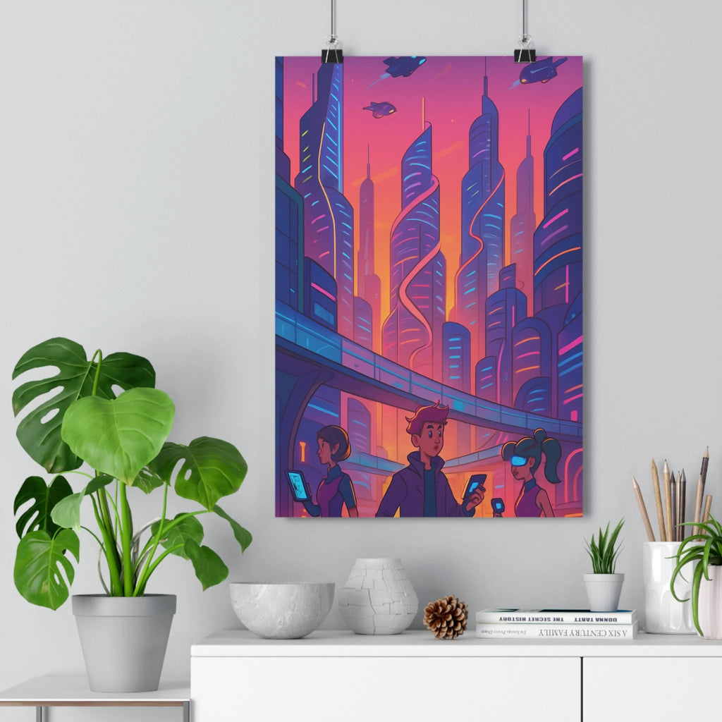 Poster décoratif futuriste violet orange cartoon ville dynamique chambre salon design aventure moderne qualité