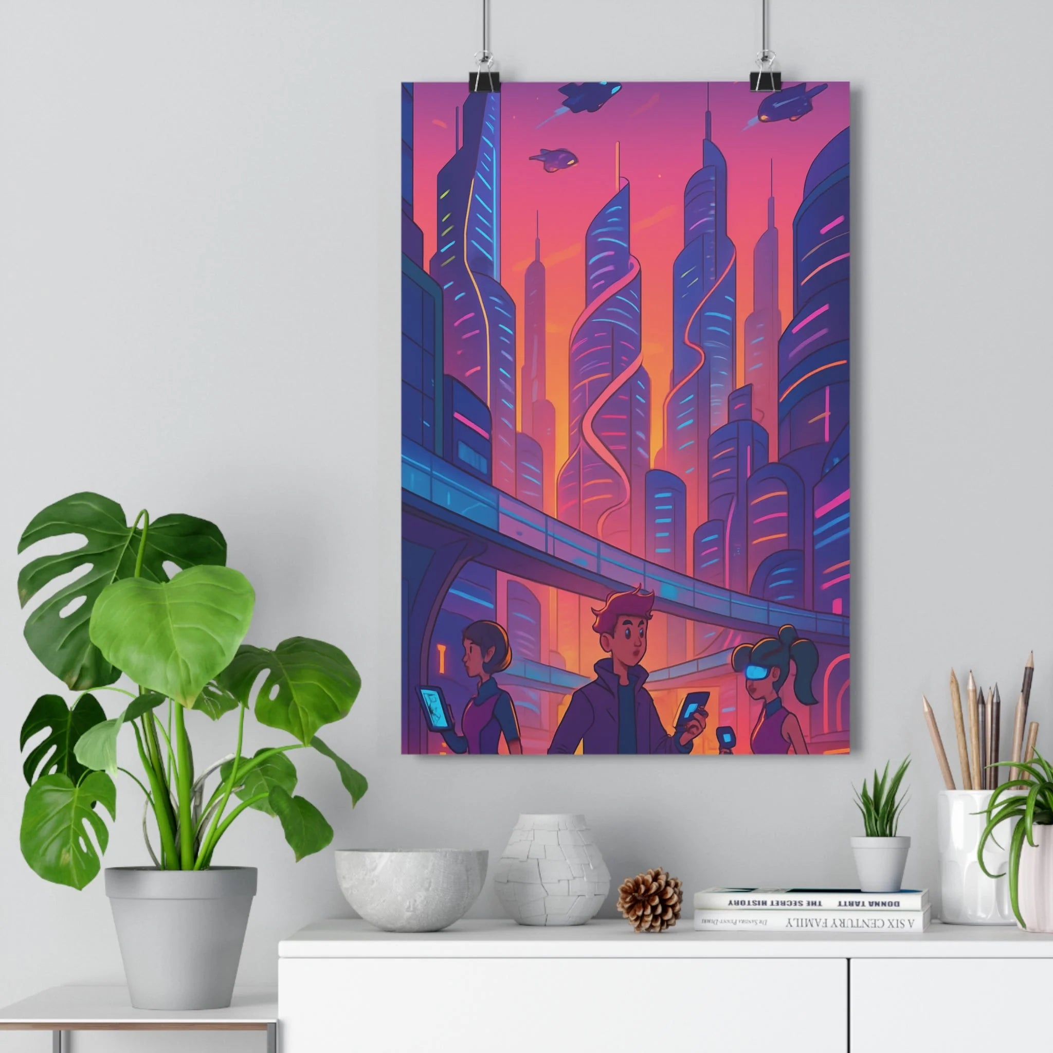 Poster décoratif futuriste violet orange cartoon ville dynamique chambre salon design aventure moderne qualité