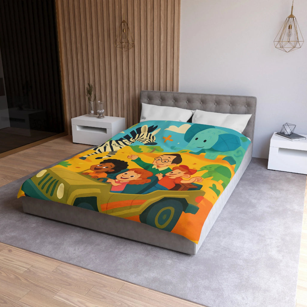 Housse de Couette Safari Éducatif avec Animaux Colorés et Enfants en Aventure