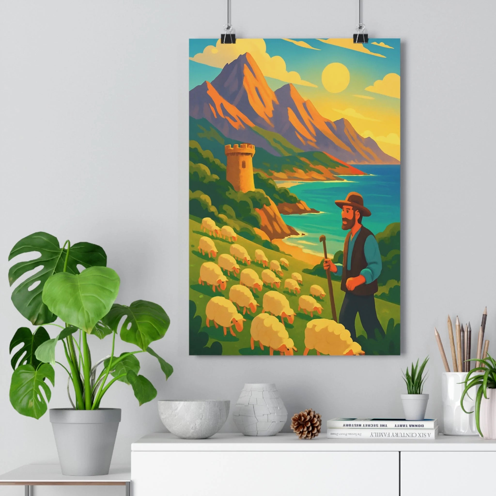 Poster décoratif cartoon corse berger moutons montagnes mer bleu lumineux paisible salon chambre bureau