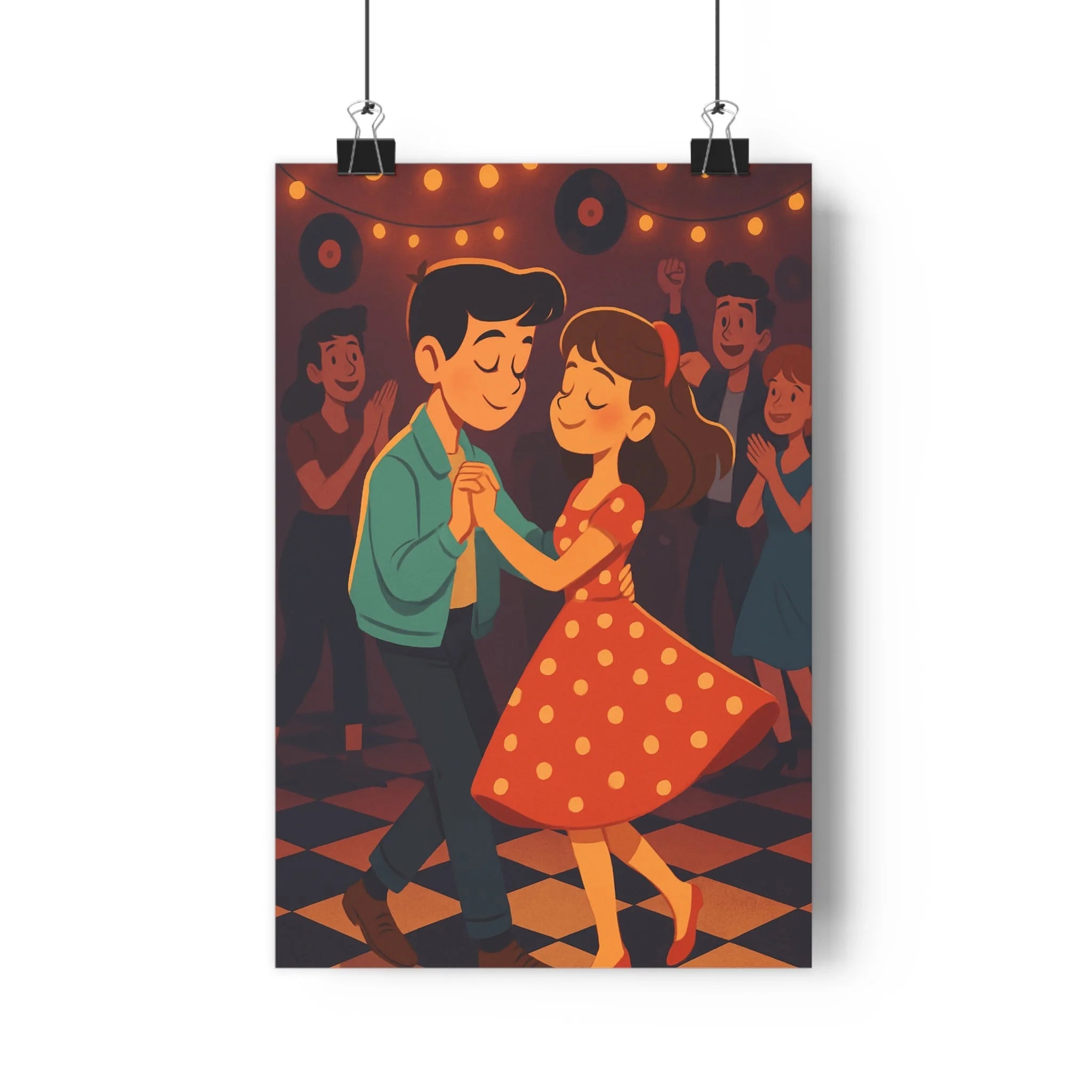 Poster décoratif romantique vintage danse rétro cartoon couleurs chaudes salon ambiance nostalgique chambre tendance